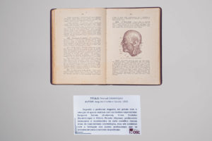 Um livro aberto, identificado como "Manual Odontológico" de Augusto Coelho e Souza, datado de 1930. A página da esquerda contém texto contínuo, enquanto a página da direita mostra uma ilustração anatômica em preto e branco de um perfil humano, destacando nervos faciais. Abaixo do livro, há uma placa descritiva com o título da obra e informações sobre o autor e sua intenção de colaborar com mestres da área odontológica.